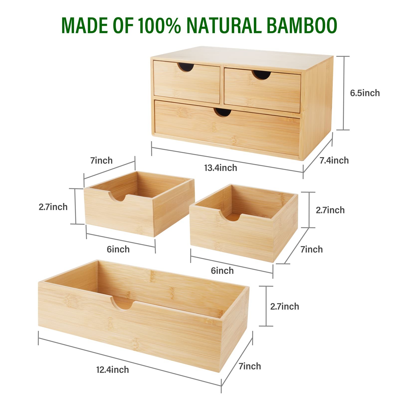 Charmewooden Bamboo Desk Organizer With 7.5″D x 13.4″W x 6.3″H, 3 Drawers