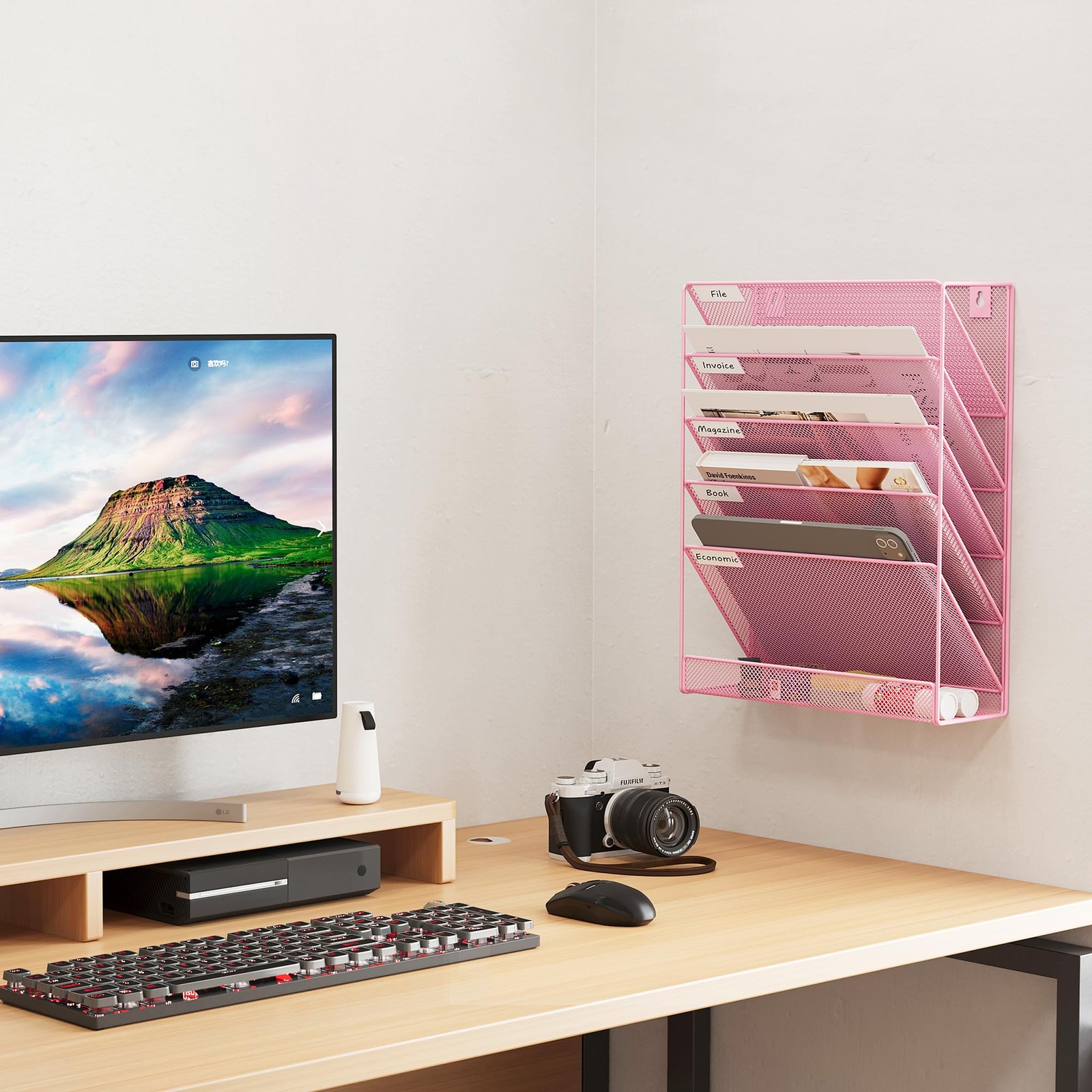 EasyPAG 5 Tier Wall File Holder, Mesh Hanging Folder Organizer with Pink