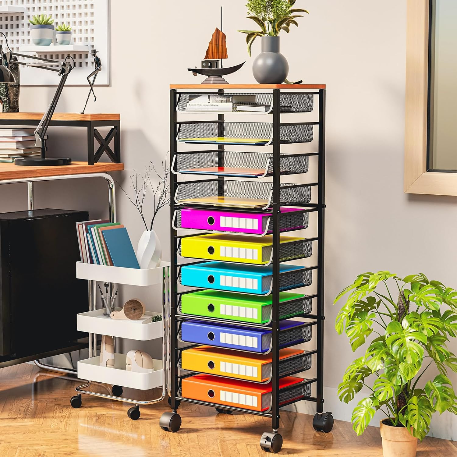 12-Tier Rolling File Cart, Desk File Organizer with 11 Mesh Sliding Trays, Lette