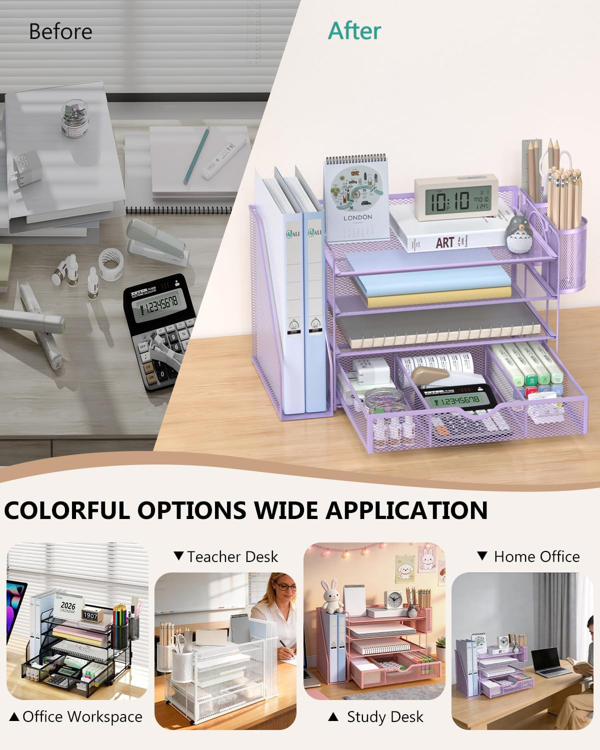 WALI Desk File Organizer, 4 Tier Desktop Paper Letter Tray Organizer with Drawer