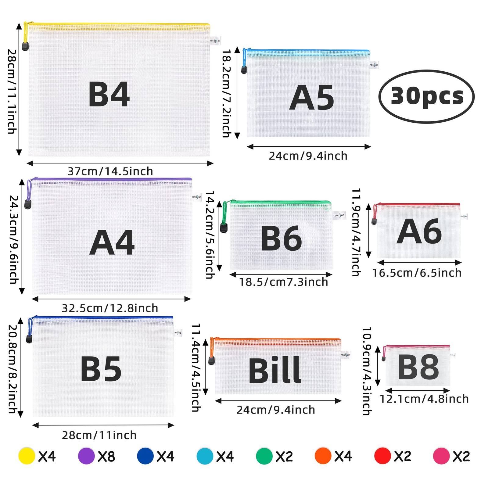Mesh Zipper Pouch 30 PCS Waterproof Bags 8 Sizes 8 Colors Plastic Document