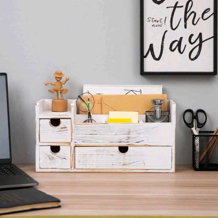 EXOLIRY White Wooden Desktop Organizer 3 Removable Drawers Office Supplies. 45
