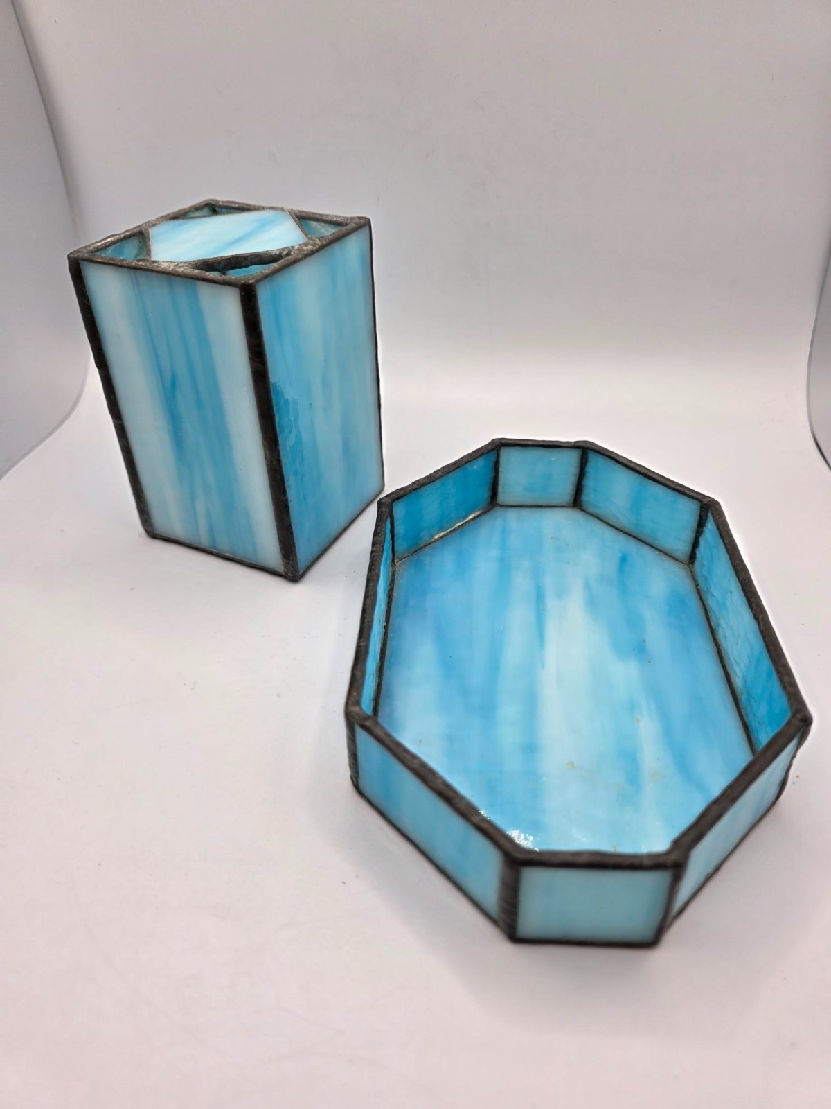 Desk Organizer Blue Glass Pencil Holder 3.5″H X 2.25″ tray 5.75″ L X 3.75″
