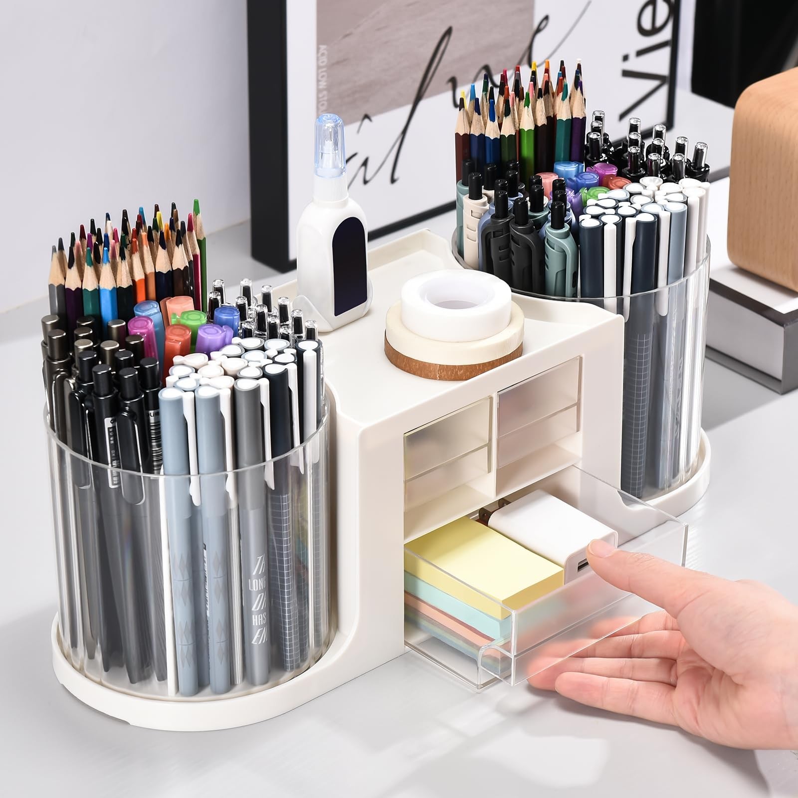 KLIONGO Rotating Desk Organizer with 2 Pen Holder, Organizers and White