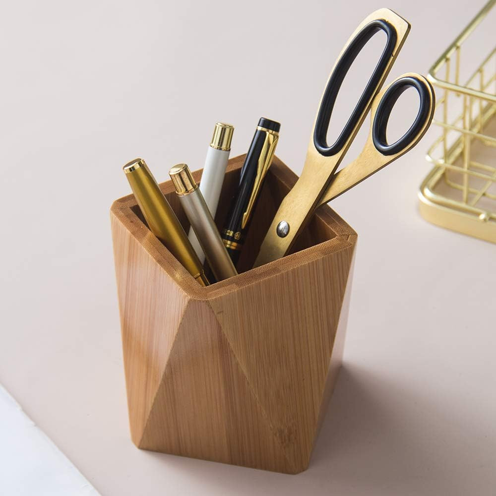 Bamboo Wood Pen Holder Stand for Desk Geometric Pencil Cup Pot Cute Desktop Offi