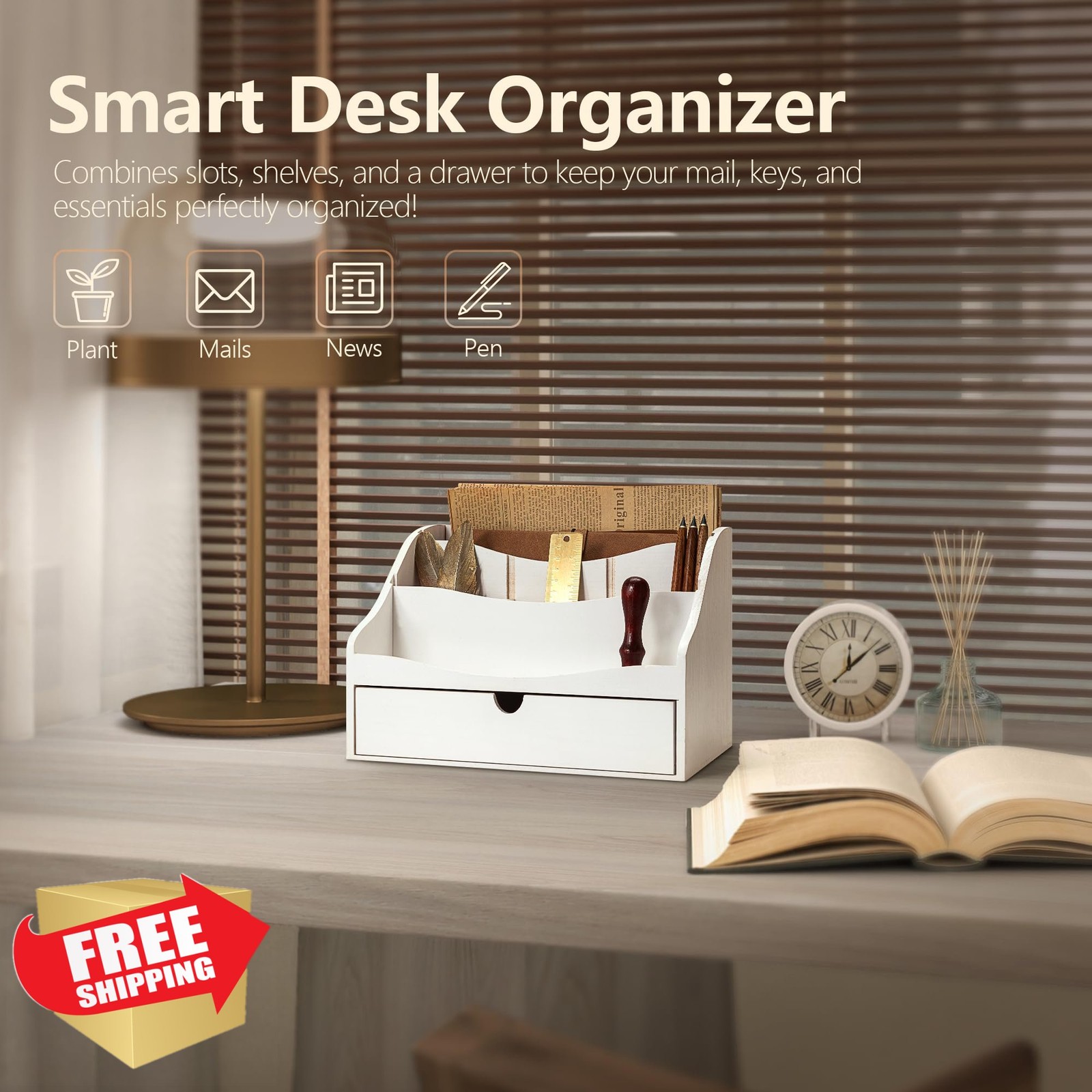 Rebee Vision Pine Wood Mail Organizer Desk Sorter 4-Slot White
