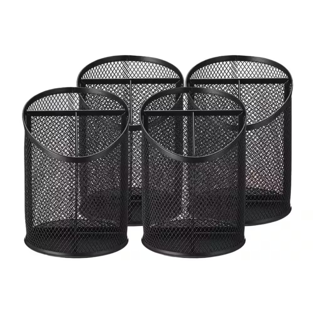 4-Pack Mesh Metal Pen Holder Black 3-Compartment round Organizer Non-Slip Deskto