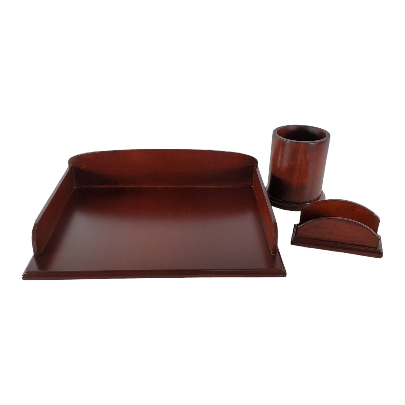 Mahogany Letter Document Desk Tray, Business Card Holder, Pen Cup Executive Set